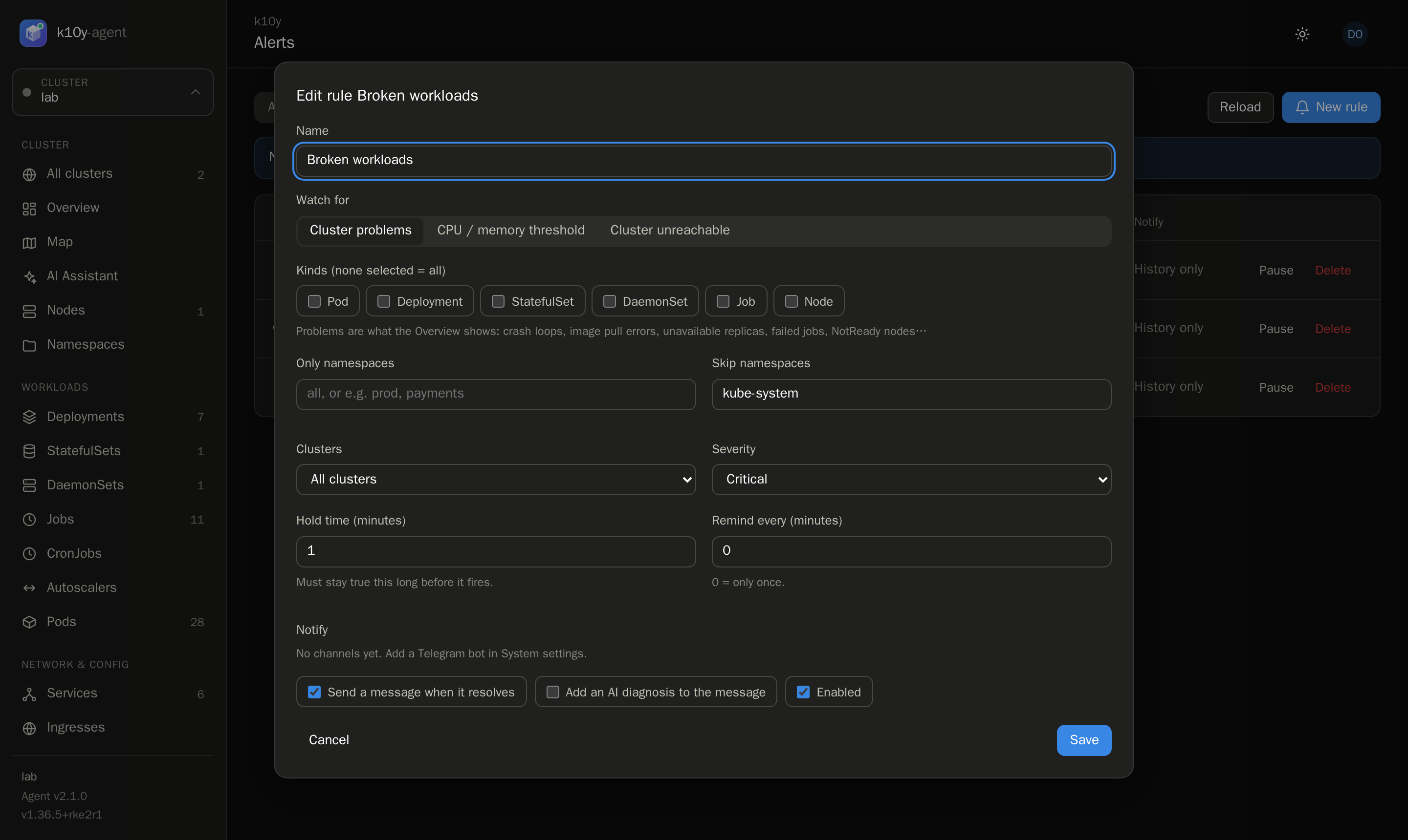 Alerts: Rules for broken workloads, CPU and memory, and unreachable clusters, sent to Telegram.