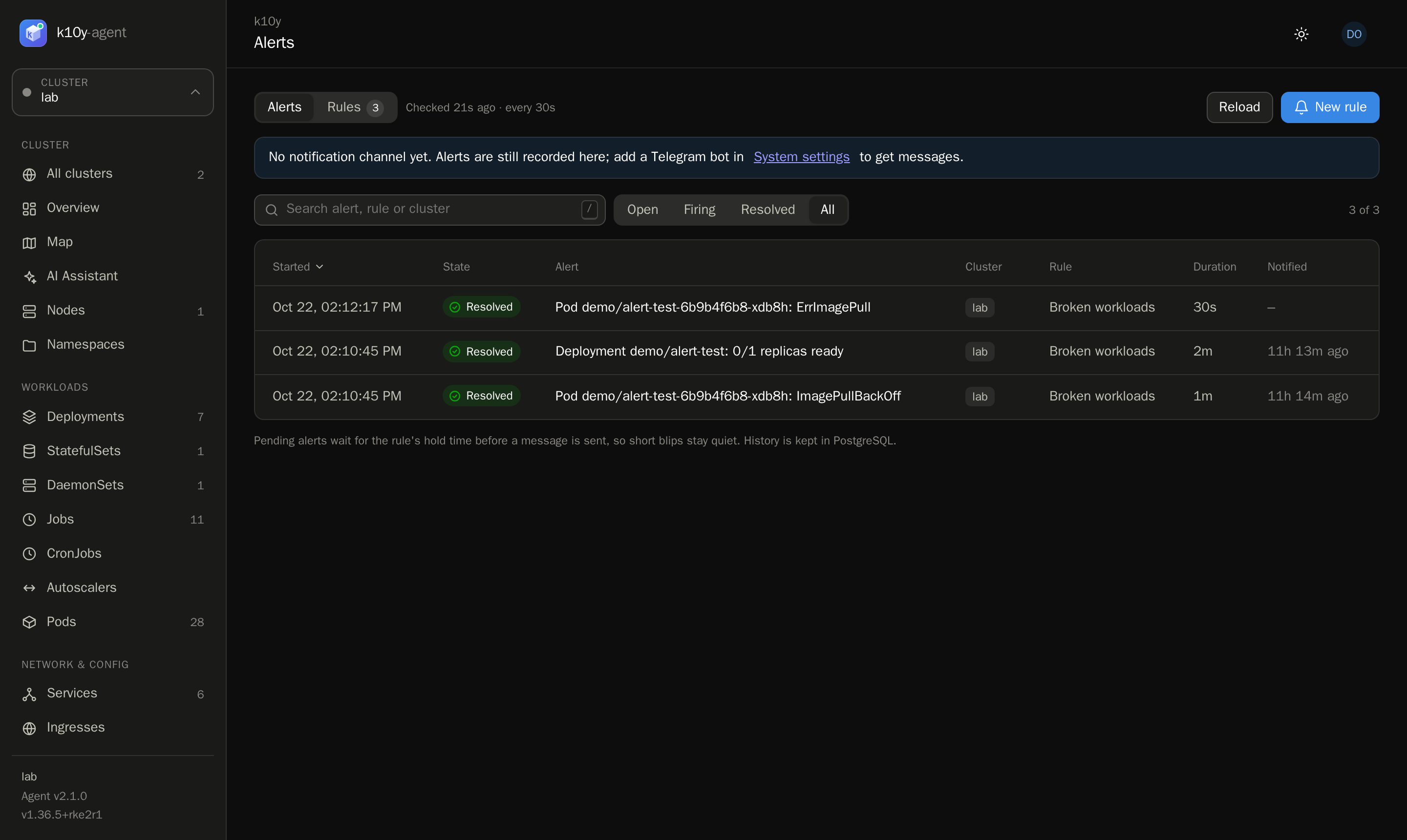 Alerts page with history