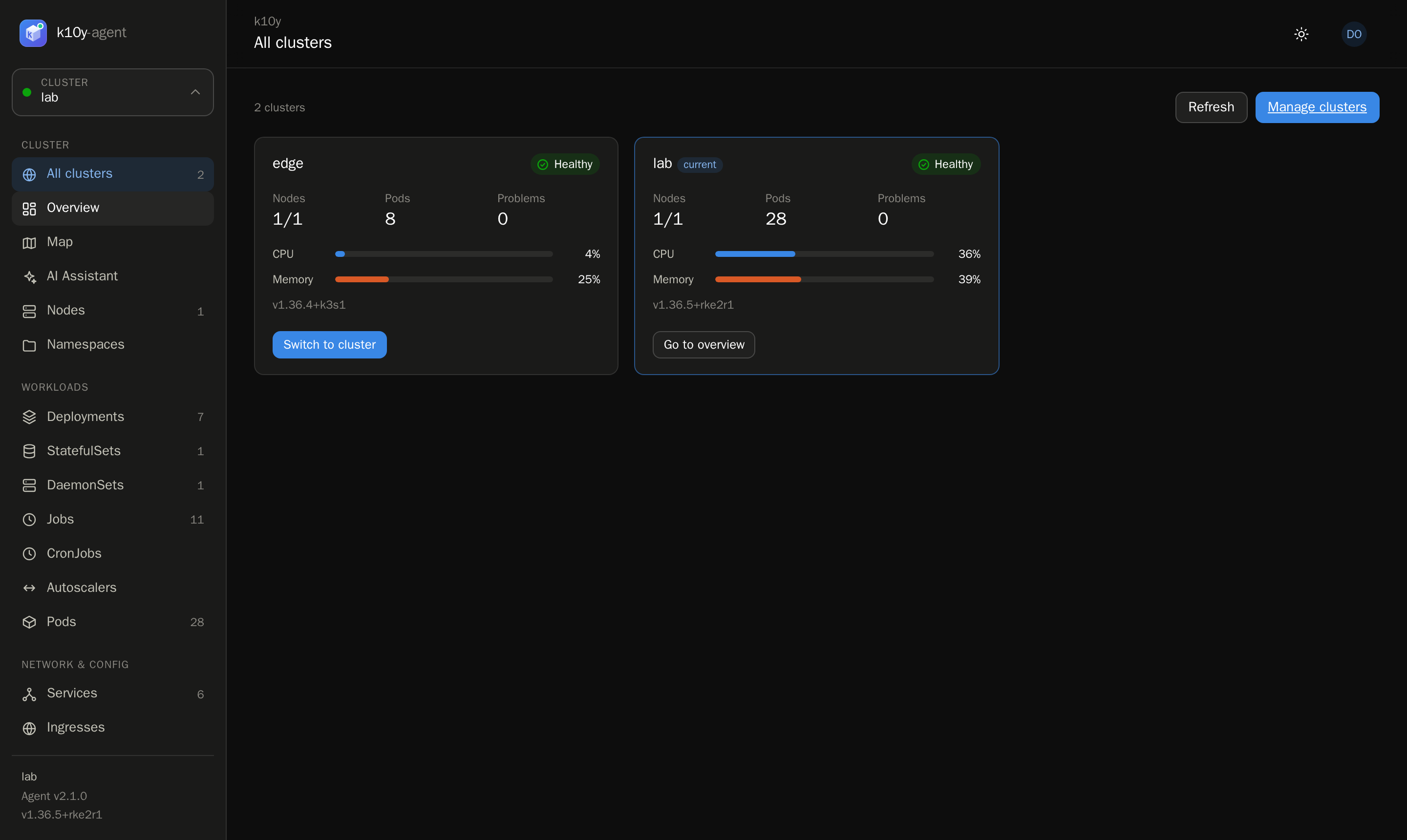All clusters page with health per cluster