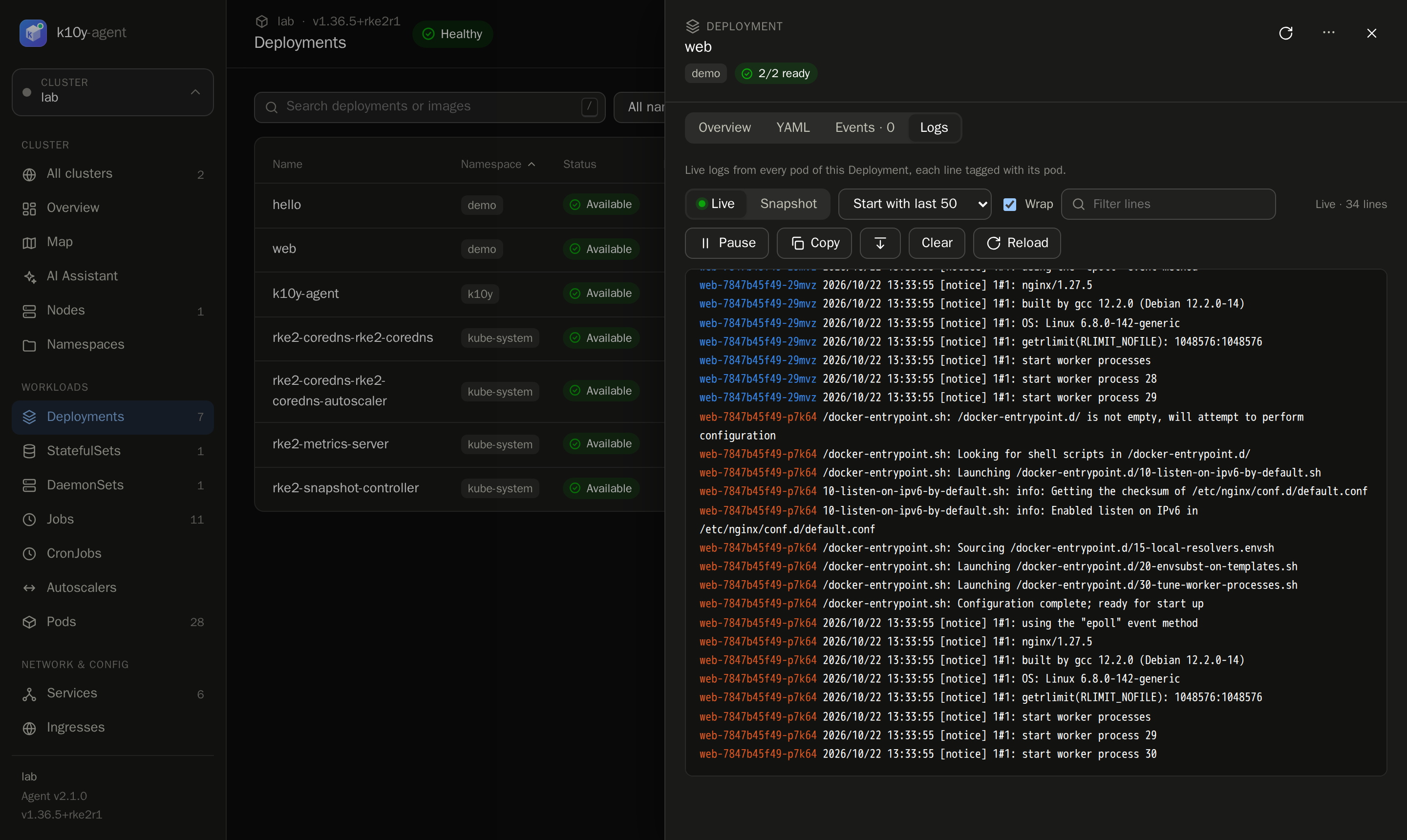 Live logs: Follow the logs of every pod of a workload in one stream, tagged by pod.