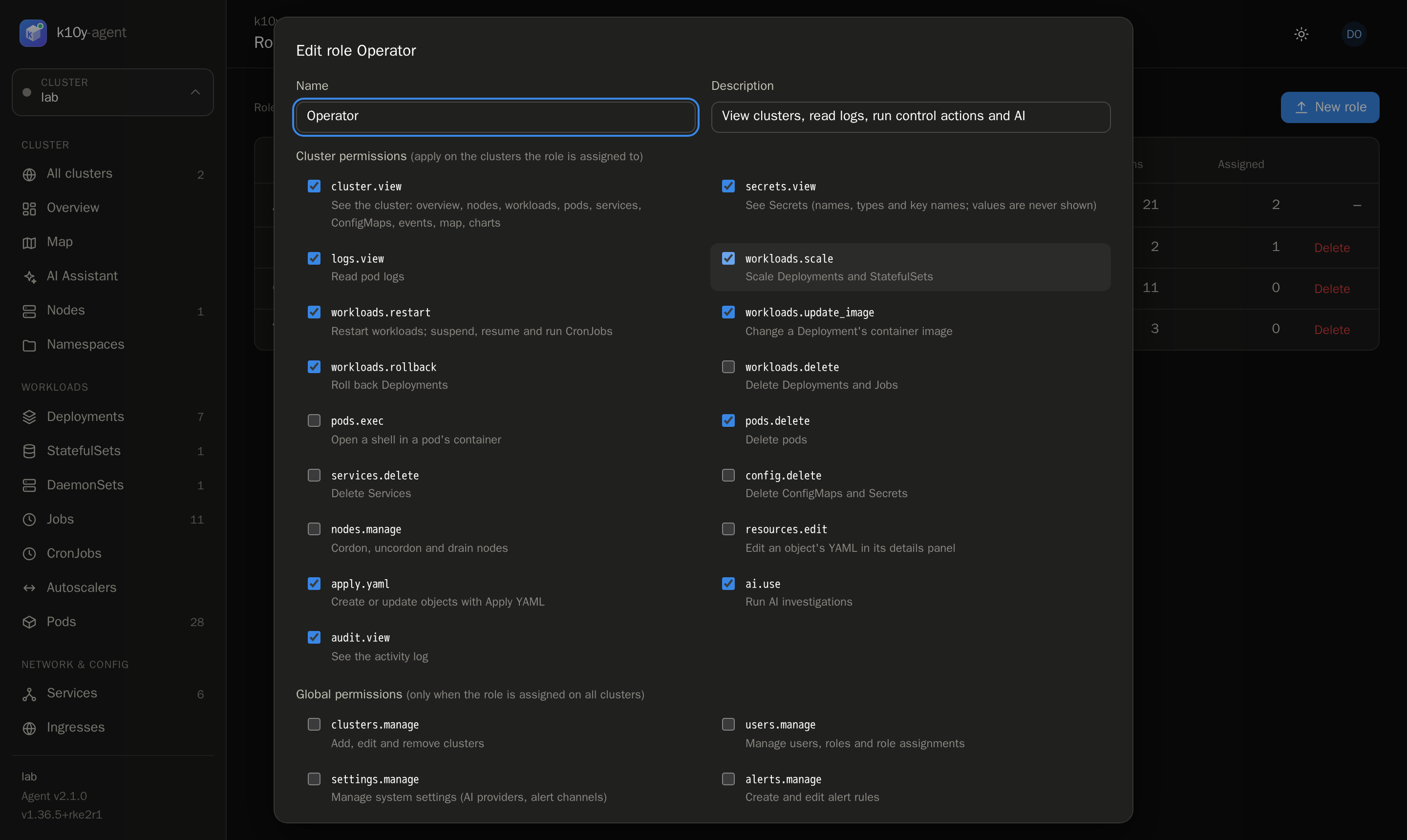 Editing a role's permissions